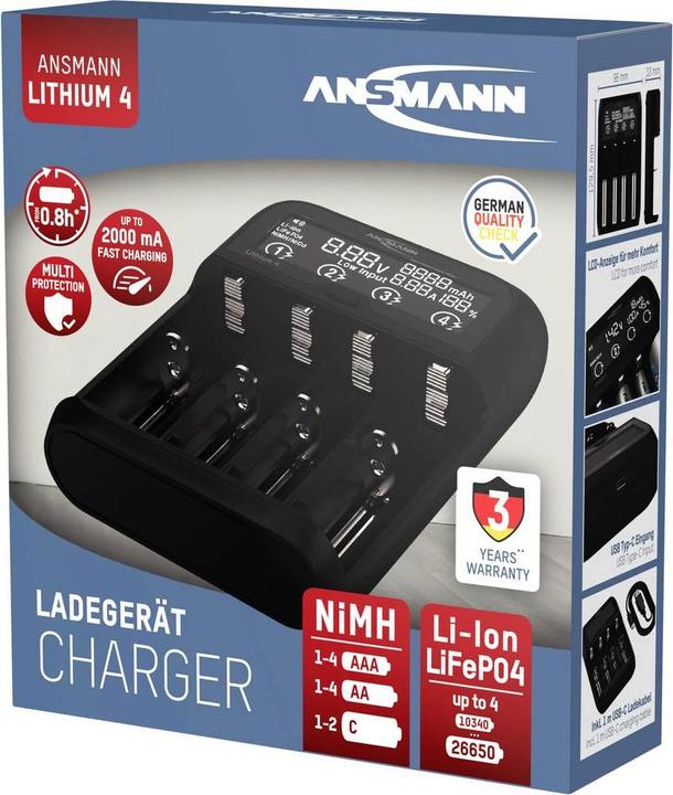 Produktbild Ansmann Lithium 4 Universalladegerät mit 2x 18650 Akkuzellen (2600mAh) Ladegerät (1 Stk., 14500, 16340, 17670, 18500, 18650, 22650, 26650, 2600 mAh, Ladegerät inkl. Akku)