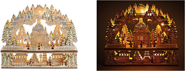 Produktbild G. Wurm Schwibbogen Kirche im Winterwald mit LED Beleuchtung aus Holz, Beige mit Glitter (B/H/T) 45x37x10cm