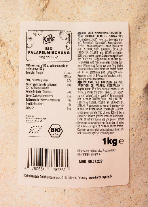 Nährwerte und Zutaten KoRo Bio Trockenmischung aus Kichererbsen-Schrot zur Zubereitung veganer Falafel (1000 g)