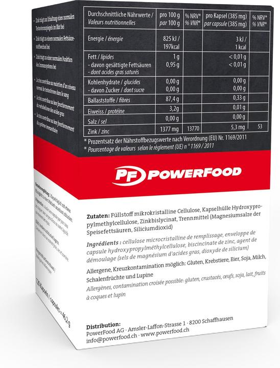 Nutritional values and ingredients PowerFood One Zinc (120 Piece, Capsules, 60 g)