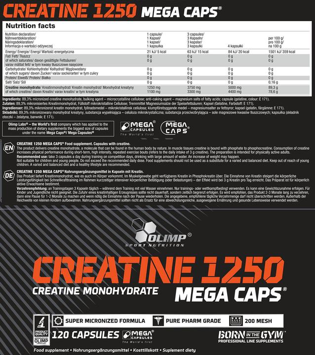 Nutritional values and ingredients Olimp Sport Nutrition Monohydrate (120 Piece, Capsules, 125 g)
