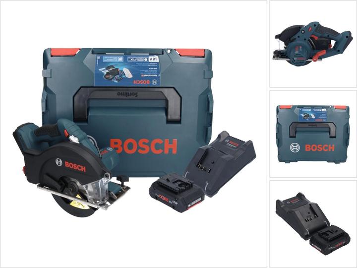 1x Bosch GKM 18V-50 Professional cordless metal circular saw, 1x circular saw blade Standard for Steel 136 x 1.6, 1.2 x 20 mm, 30T (2608837746), 1x rip fence (2610347119), 1x Bosch ProCORE rechargeable battery 18 V 4.0 Ah, 1x Bosch GAL 18V-40 charger, 1x L-Boxx 238 (1600A012G2), 1x matching insert