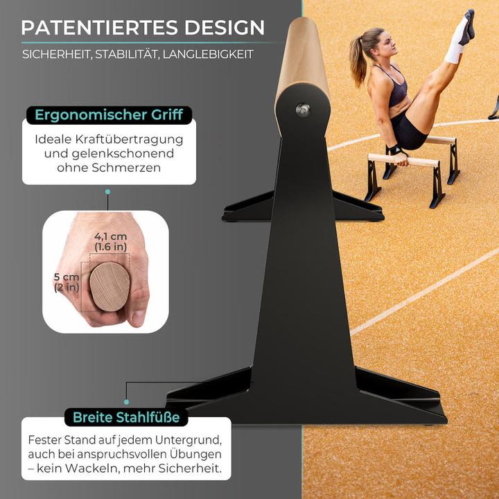 Produktbild Pullup & Dip Hochwertige Holz Parallettes mit ergonomischem Holzgriff und Blech Fen, low oder medium Ausfhrung