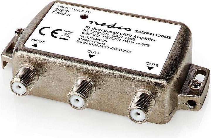 Actual product image Nedis SAMP41120ME CATV amplifier Gain: 12 dB 85-1218 MHz Number of outputs: 2 Return path Silb (Power supply)