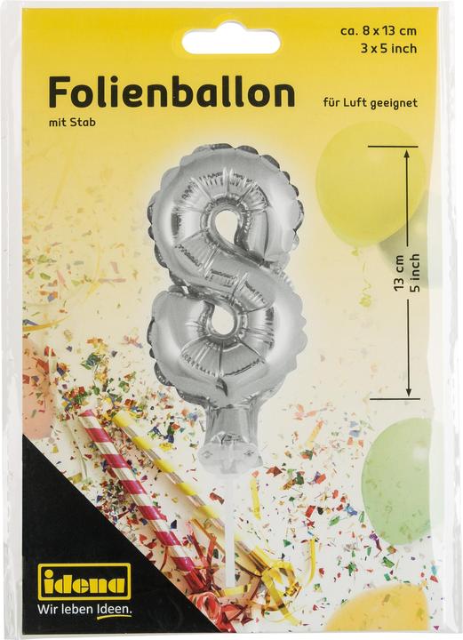 Produktbild Idena Folienballon Zahl 8 am Stab 13cm silber (1 x)