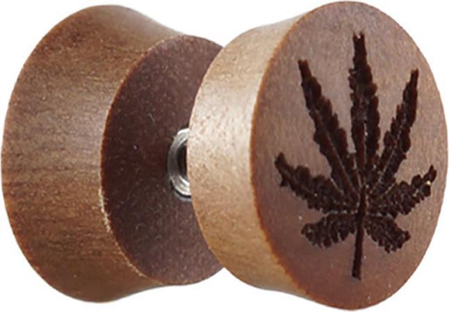 Star Piercing Fake Plug aus Sawo Holz mit Hanfblatt (ohne Messing, Organisch)