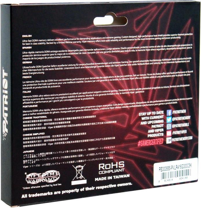 Produktbild Patriot PVLR416G266C5K Speichermodul GB DDR4 (2 x 8GB, 2133 MHz, DDR4-RAM, DIMM)