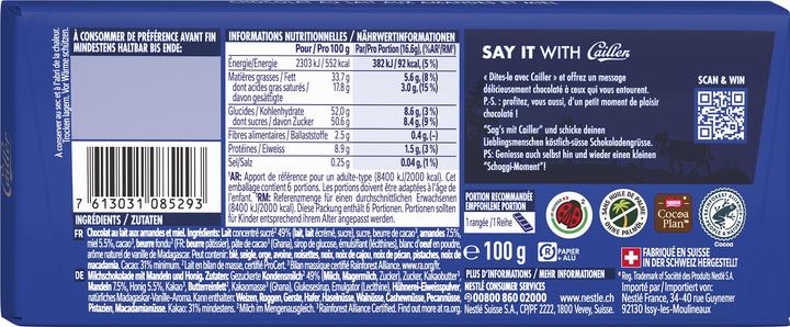 Nutritional values and ingredients Cailler Chocmel Milk Chocolate Bar with Almonds and Honey (100 g)