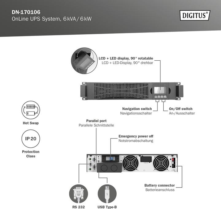 Actual product image Digitus OnLine UPS system, 6 kVA/ 6 kW (6000 VA, 6000 W, Online double converter UPS)