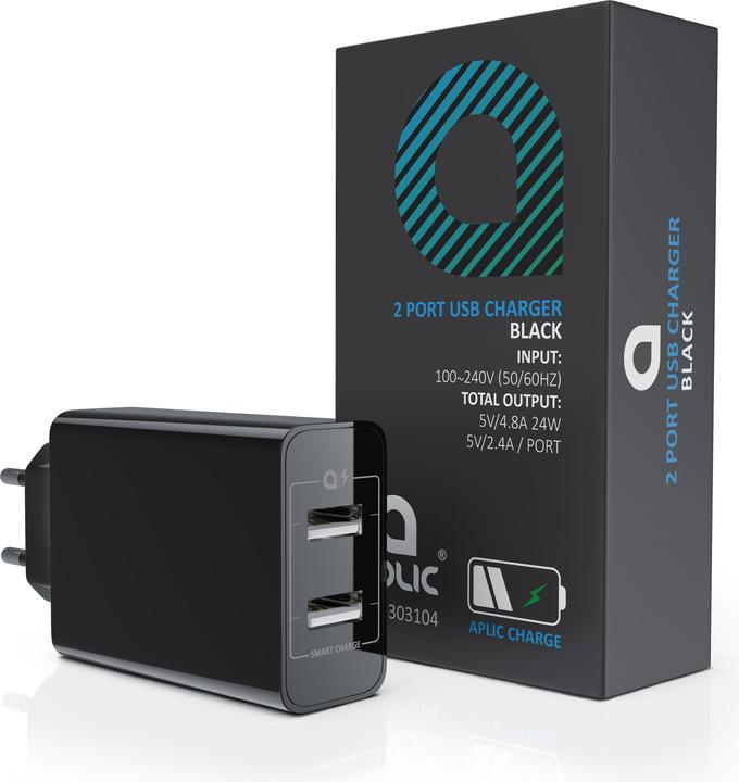 Actual product image Aplic USB charger 4800 mA, 2 port adapter with Smart Charge + Solid Charge, powerful 24W, black (24 W)