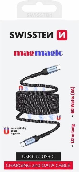 Produktbild Swissten Magnetic Data Cable Self-Winding USB-C / USB-C 1 M (1 m, USB 3.0, 60 W)