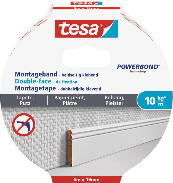 Produktbild tesa Montageband für Tapete & Putz, doppelseitiges Montageklebeband (19 mm)