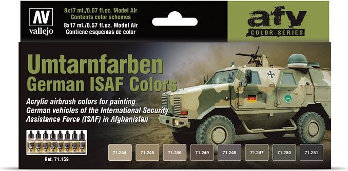 Produktbild Vallejo Umtarnfarben German ISAF Color Set (8 Farben) Model Air (Grün, Schwarz, Braun, Grau, Beige, Olive, 17 ml)