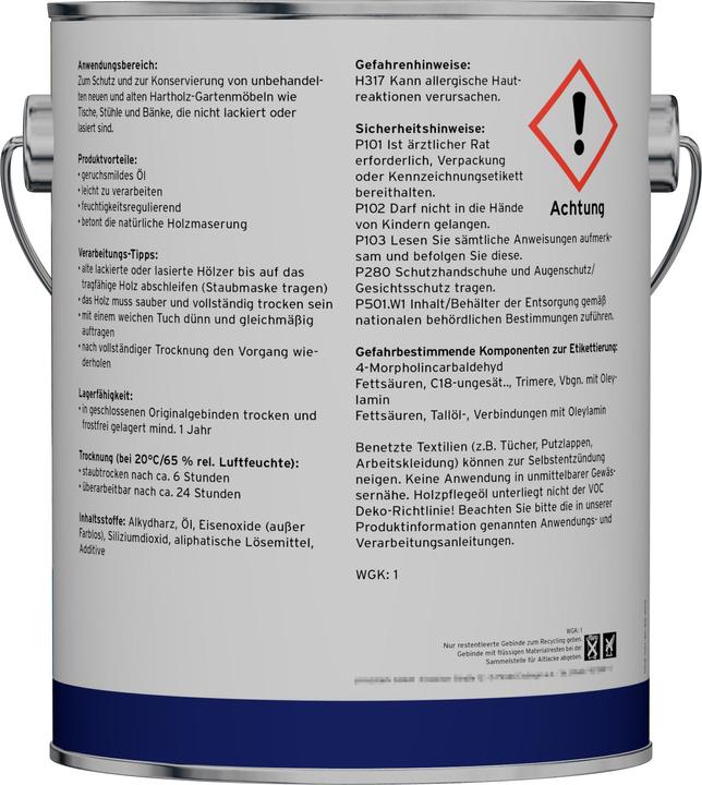 Nutritional values and ingredients Plid Wood oil 1L for approx. 10m² / Wood protection care oil Garden furniture wood oil (Colorless, 1 l)