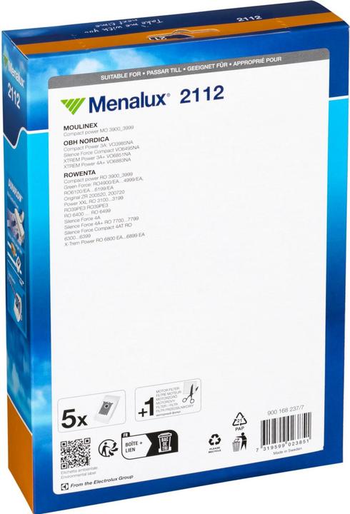 Actual product image Menalux 2112 Vacuum cleaner bag for Rowenta RO 64, RO 6432, RO 63, RO 68 / 5 dust bags Duraflow Syn (5 x)