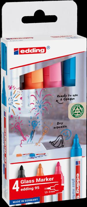 Produktbild Edding 95 Glasboardmarker farbsortiert 1,0 - 5,0 mm, 4 St. (Rosa, Hellblau, Orange, Schwarz, 3 mm, 4 x)