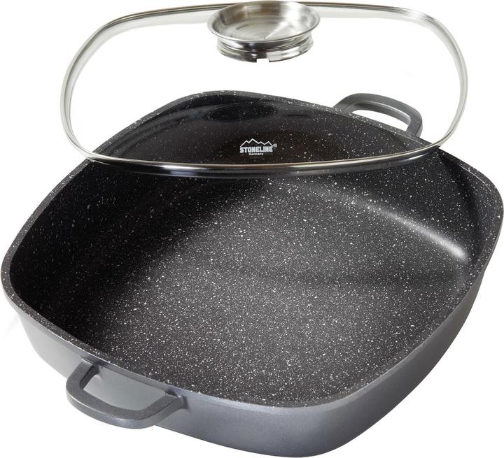 Produktbild Stoneline Eckpfanne 32x32 cm mit Aroma Glasdeckel, Pfanne rechteckig, Backofen, Induktion geeignet (32 cm, Pfannenset + Topfset, Aluminium)