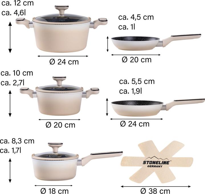 Produktbild Stoneline ® Creme Kochgeschirr-Set 11-teilig mit Deckeln, beschichtete Töpfe & Pfannen (Pfannenset + Topfset, Keramik)