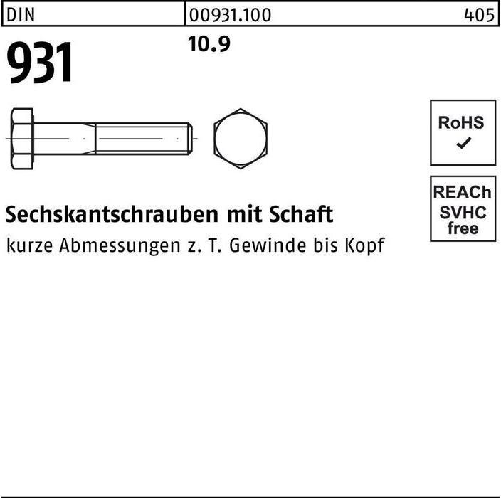 Produktbild Sechskantschraube DIN 931 m.Schaft M 16 x 400 10.9 (10 Schrauben pro Stück)