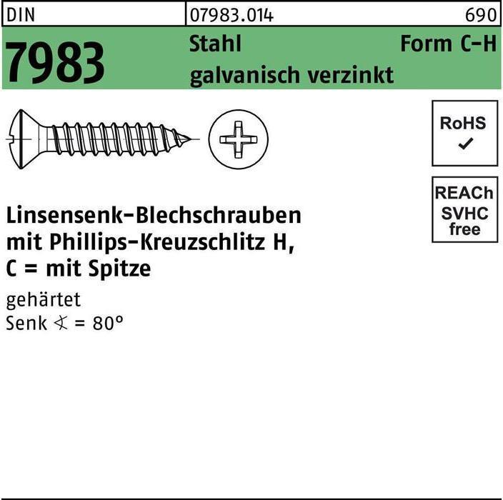 Image du produit Vis à tôle à tête fraisée bombée DIN 7983 avec empreinte cruciforme PH C 3,9 x 38 -H acier trempé (500 Vis par pièce)