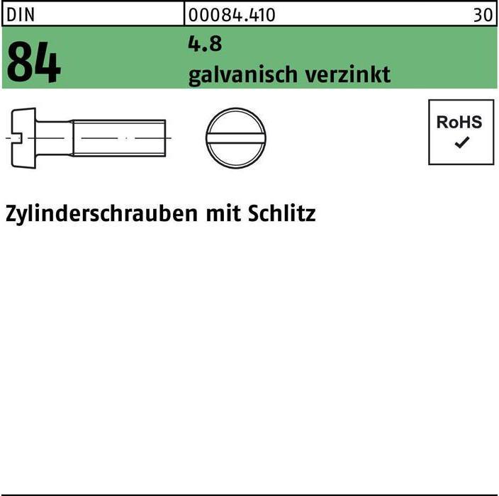 Produktbild Zylinderschraube DIN 84/ISO 1207 Schlitz M 2 x 30 4.8 galvanisch verzinkt (2000 Schrauben pro Stück)
