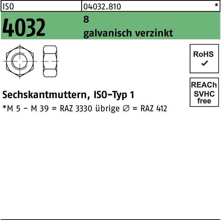 Productafbeelding Bufab Zeskantmoer ISO 4032 M 8 8 elektrogalvanisch verzinkt (M8)