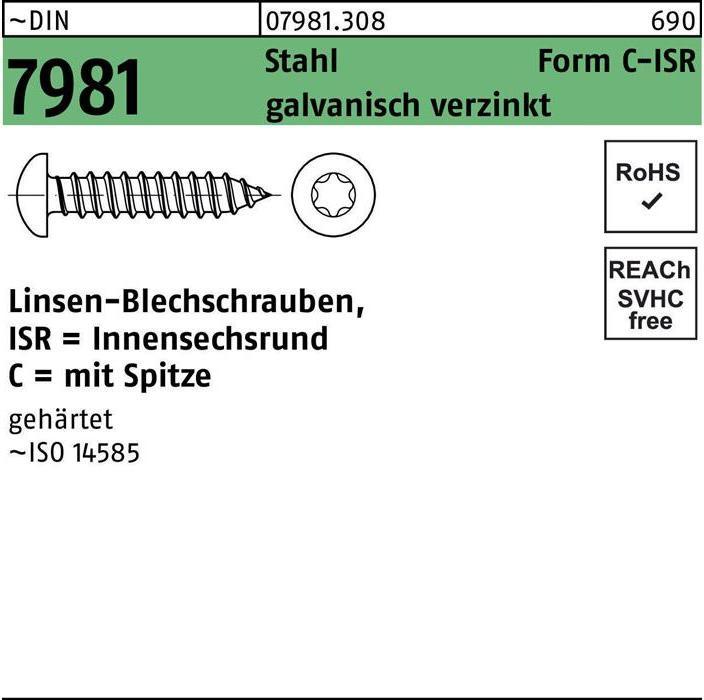 Produktbild Reyher Blechschraube DIN 7981 LIKO m.Innensechsrund 5,5 x 16 -C-T25 Stahl galvanisch verzinkt m.Spitze (500 Schrauben pro Stück)