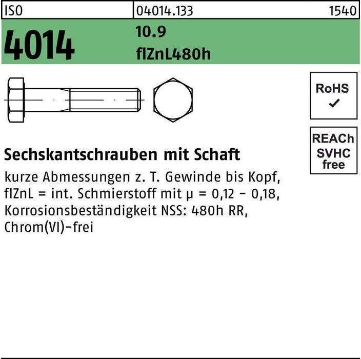 Produktbild Sechskantschraube ISO 4014 m.Schaft M 20 x 200 10.9 zinklamellenbesch. (10 Schrauben pro Stück)