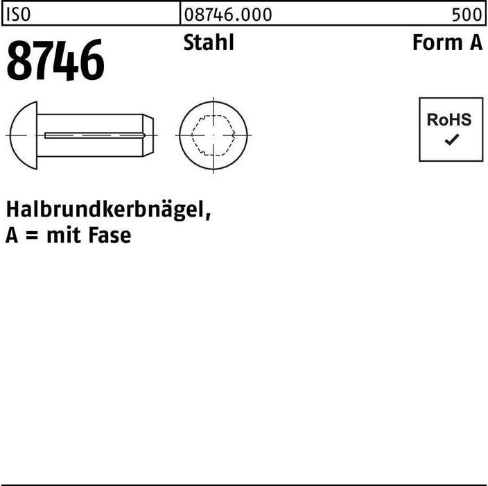 Chiodo mezzo tondo scanalato ISO 8746 con smusso 5 x 10 acciaio ISO 8746