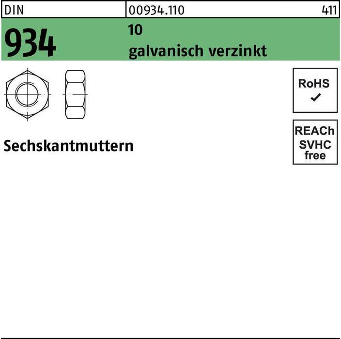 Sechskantmutter DIN 934 M 8 10 galvanisch verzinkt (M8)