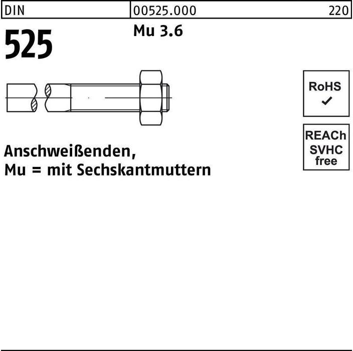 Produktbild Anschweissende DIN 525 m.Sechskantmutter M 14 x 180/ 60 Mu 3.6