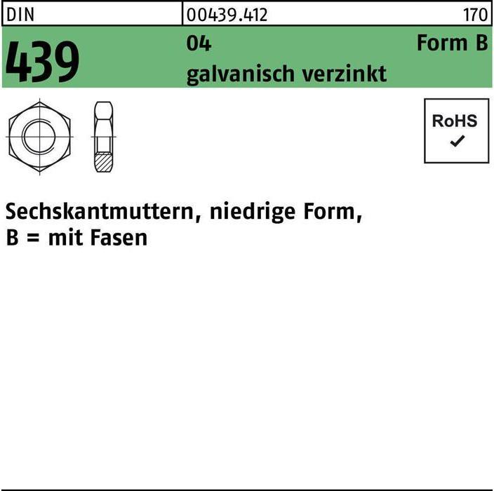 Sechskantmutter DIN 439 Form B BM 4 Automatenstahl galvanisch verzinkt (M4)