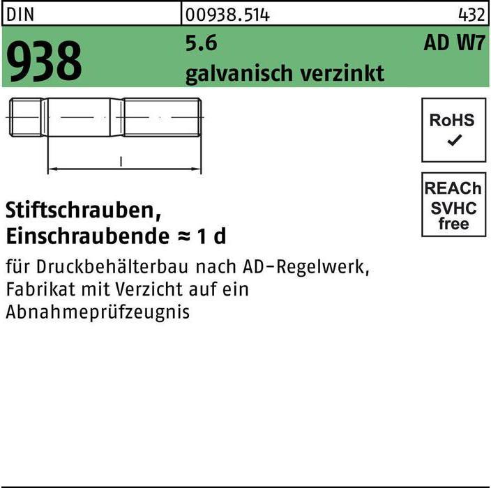 Actual product image Stud bolt DIN 938 M 12 x 50 5.6 galvanised (50 Screws per piece)