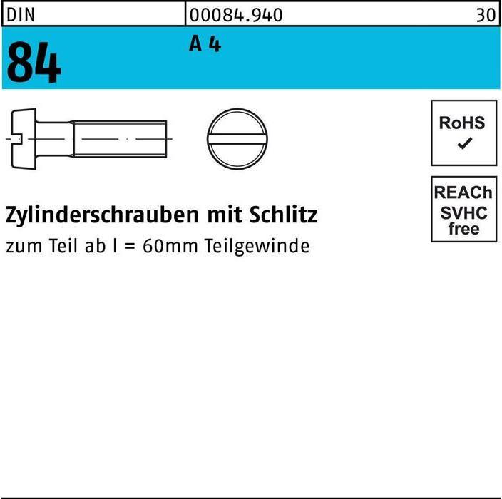 Produktbild Zylinderschraube DIN 84/ISO 1207 Schlitz M 8 x 45 A 4 (50 Schrauben pro Stück)