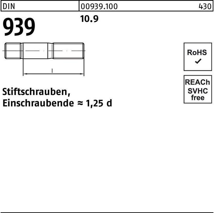 Produktbild Stiftschraube DIN 939 M 16 x 190 10.9 Einschraubende=1,25d (10 Schrauben pro Stück)