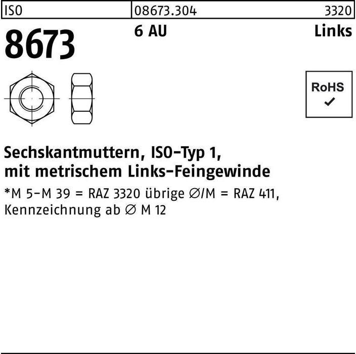 Zeskantmoer ISO 8673 links M 8 x 1 6 Vrij snijdend staal (M8)