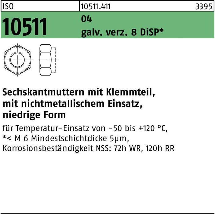 Sechskantmutter ISO 10511 m.Klemmteil M 5 Automatenstahl galv. verzinkt 8 DiSP (M5)