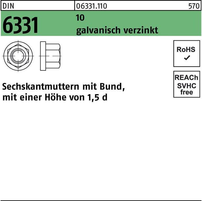 Produktbild Sechskantmutter DIN 6331 m.Bund M 12 SW 18 10 galvanisch verzinkt (M12)
