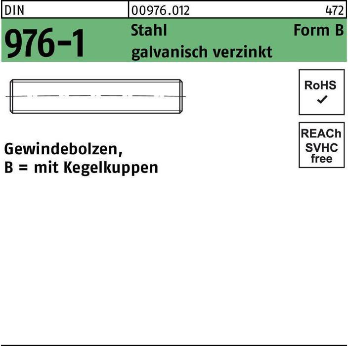 Produktbild Gewindebolzen DIN 976 m.Kegelkuppen BM 12 x 100 Stahl galvanisch verzinkt