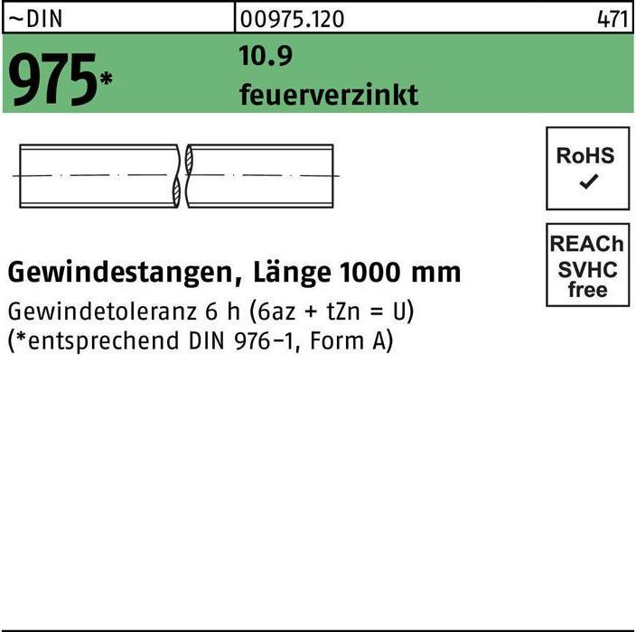 Productafbeelding Draadstang DIN 975 M 20 x 1000mm 10,9 thermisch verzinkt