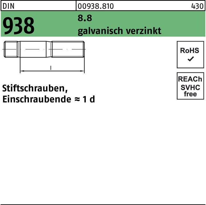 Image du produit Goujon DIN 938 M 8 x 30 8.8 électro-galvanisé (50 Vis par pièce)