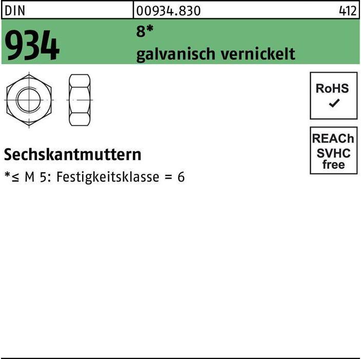 Productafbeelding Zeskantmoer DIN 934 M 8 8 galvanisch vernikkeld (M8)