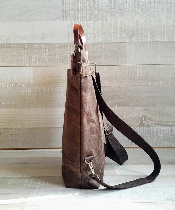 Image du produit Only-Bags.Store Sac à dos en toile cirée - Marron café, sac à dos convertible, sac à couches, A3, sacs à dos