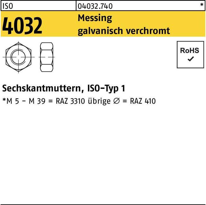 Bufab Sechskantmutter ISO 4032 M 8 Messing galvanisch verchromt (M8)