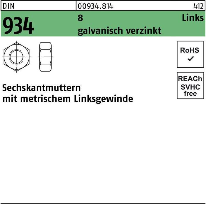 Produktbild Sechskantmutter DIN 934 links M 5 -LH 8 galvanisch verzinkt (M5)