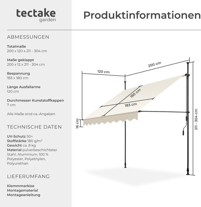 Produktbild tectake Klemmmarkise mit Handkurbel, höhenverstellbar (2 m)