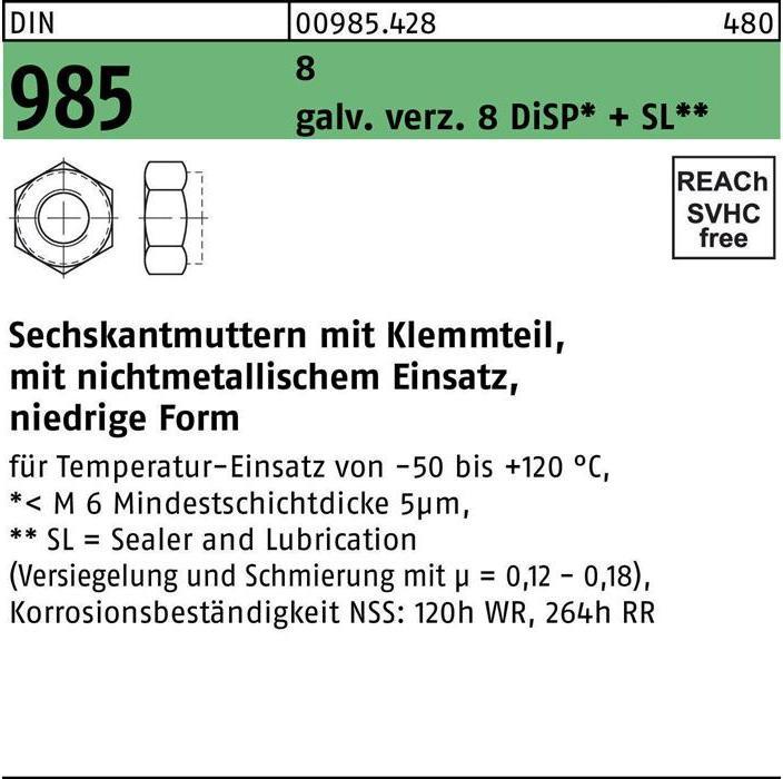 Sechskantmutter DIN 985 m.Klemmteil M 4 6-8 galv. verz. (M4)