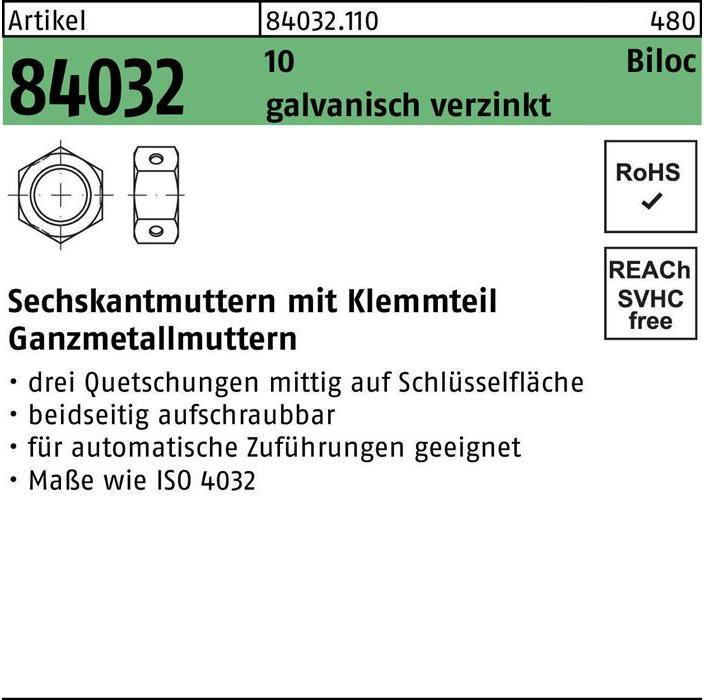 Produktbild Sechskantmutter R 84032 Biloc m.Klemmteil M 5 10 galvanisch verzinkt (M5)