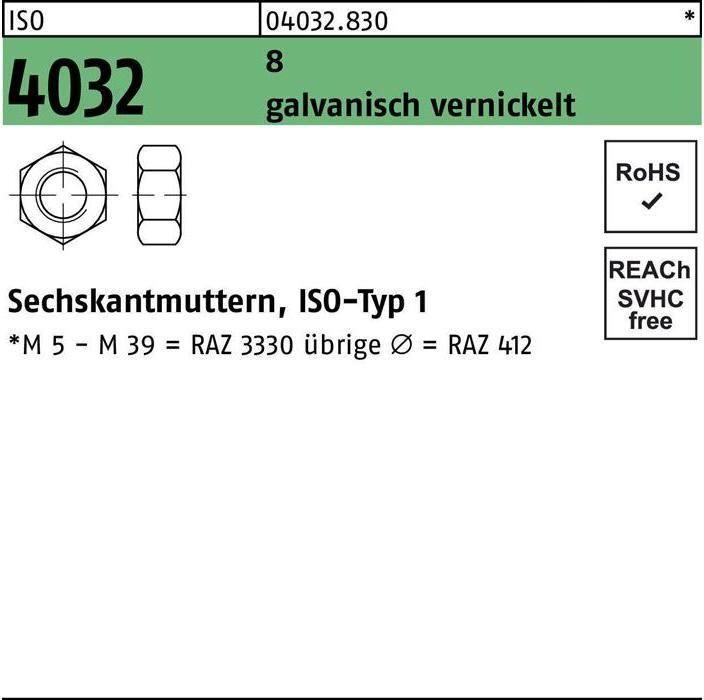 Bufab Sechskantmutter ISO 4032 M 8 8 galvanisch vernickelt (M8)