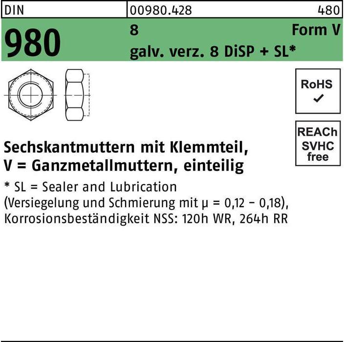 Sechskantmutter DIN 980 m.Klemmteil V M 8 8 galvanisch verzinkt 8 DISP (M8)